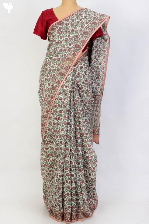 Bengal Cotton Saree In Floral Block Print